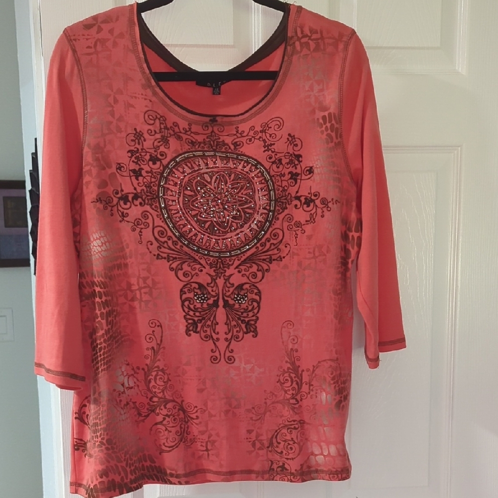 Coral Embellished Floral Medallion Women's Top